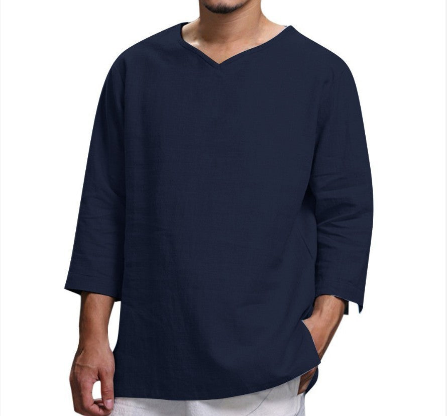 Loose Casual V-neck Top Cotton And Linen Long Sleeve Pullover Shirt Mens Clothing