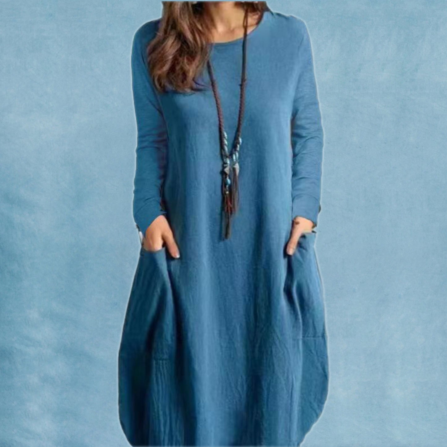 Loose Casual Solid Color Pocket Long Sleeve Dress Women