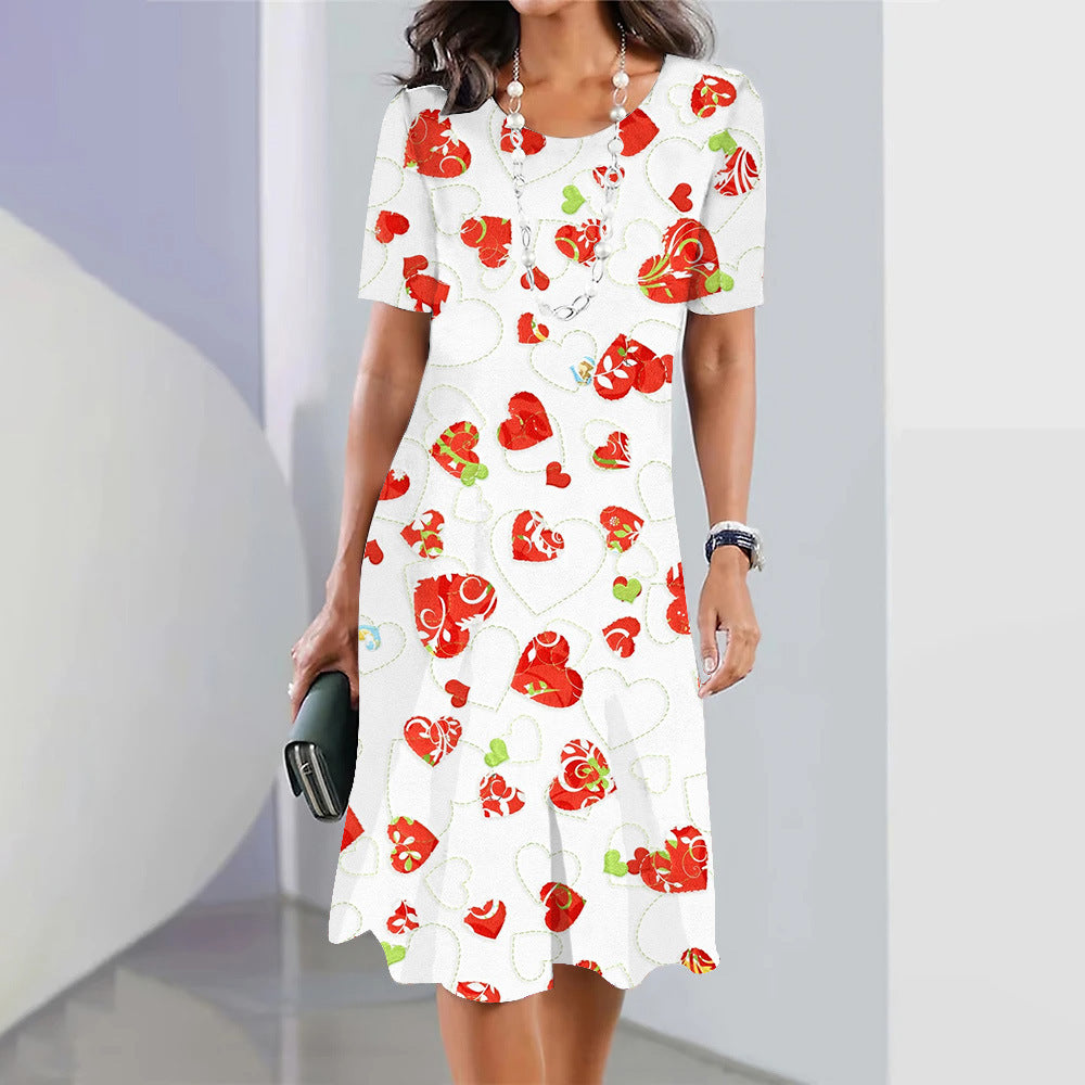 Cute Polka Dot Floral 3D Digital Printed Round Neck Loose Plus Size Short Sleeve Temperament Dress