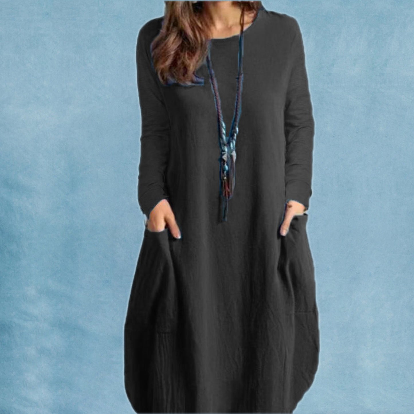 Loose Casual Solid Color Pocket Long Sleeve Dress Women