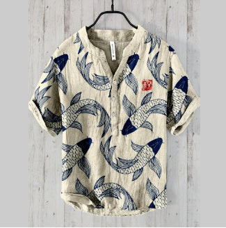 Retro Personalized Printed Casual Short-sleeved Linen Shirt Men's Loose Comfortable Shirt