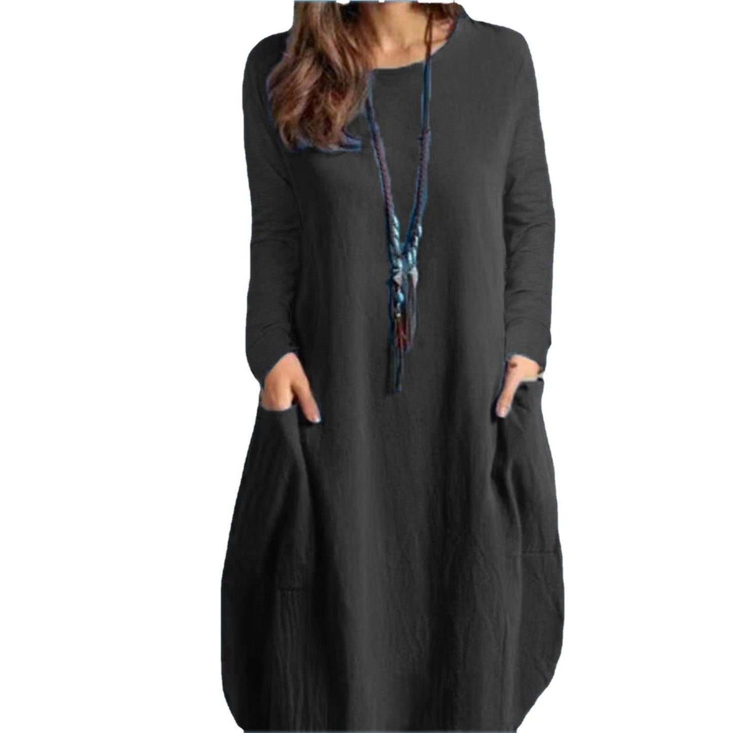 Loose Casual Solid Color Pocket Long Sleeve Dress Women