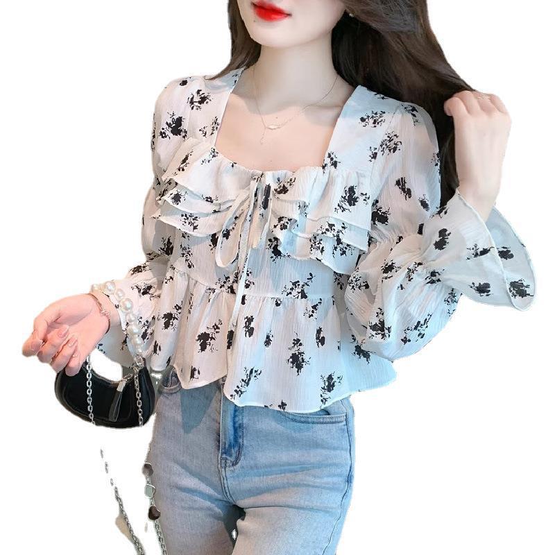 Gentle Plus Size Square Collar Floral Print Long Sleeve Shirt