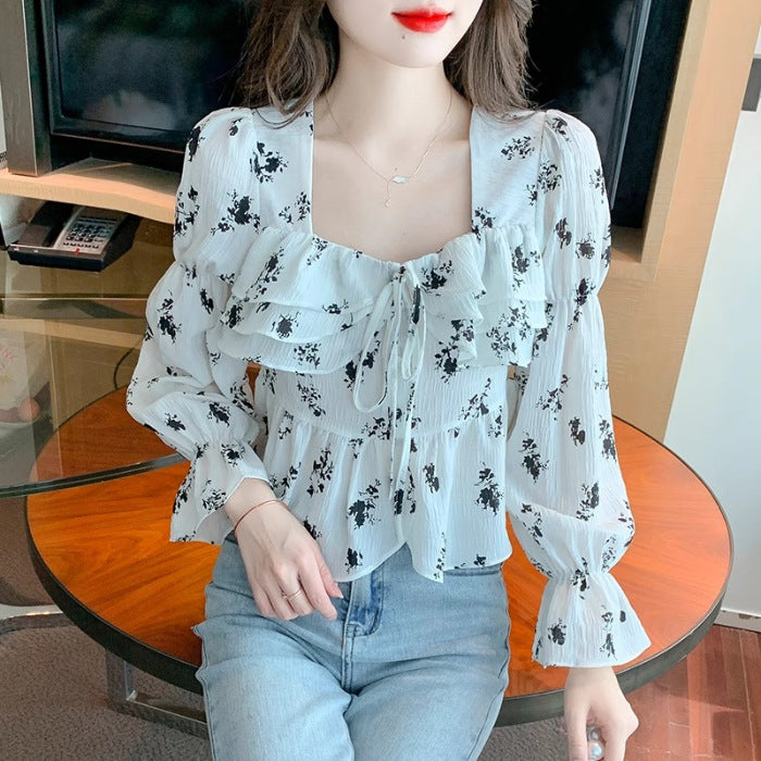 Gentle Plus Size Square Collar Floral Print Long Sleeve Shirt