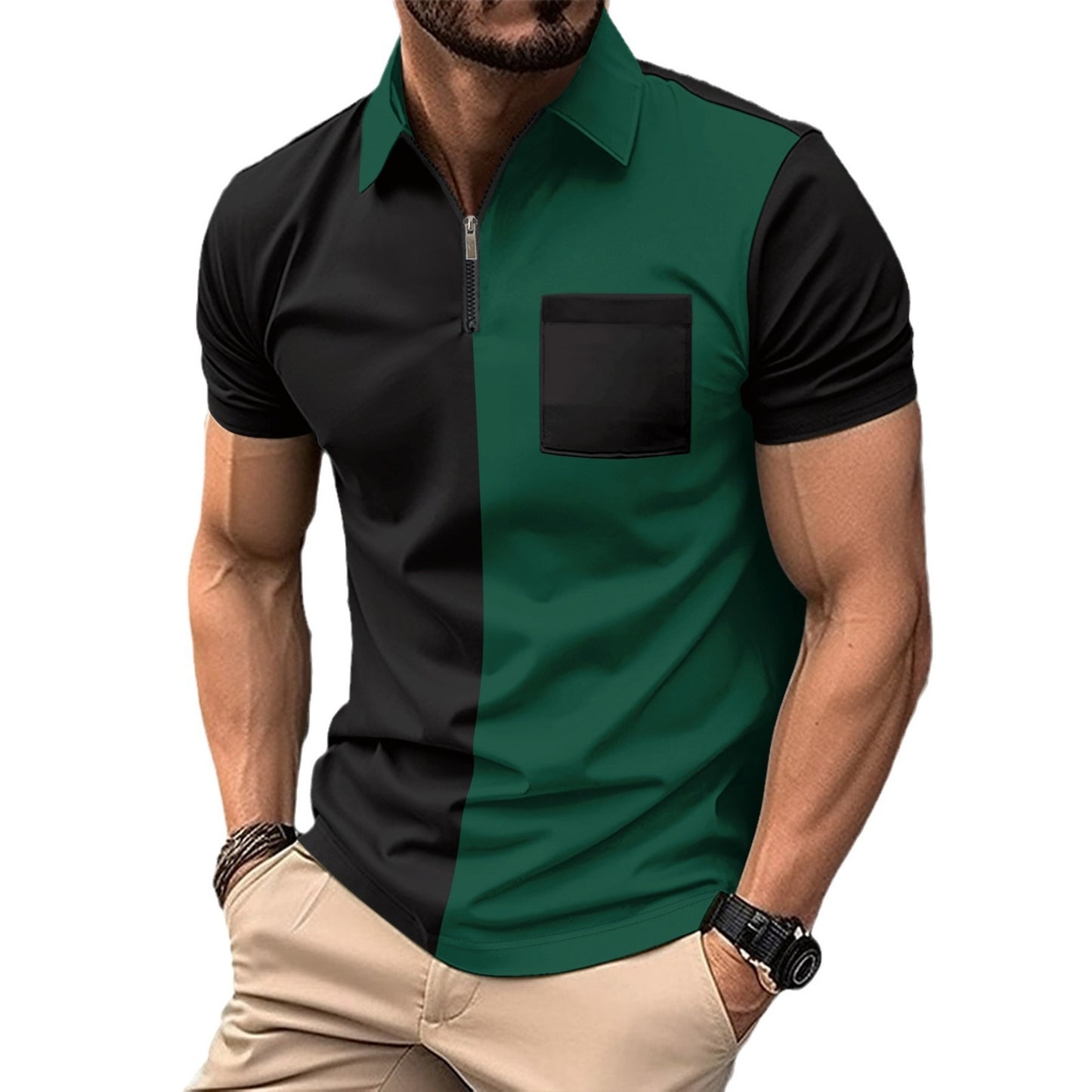 European And American Men's Casual Polo Shirt Small Twill Fabric Stitching Lapel Buttons