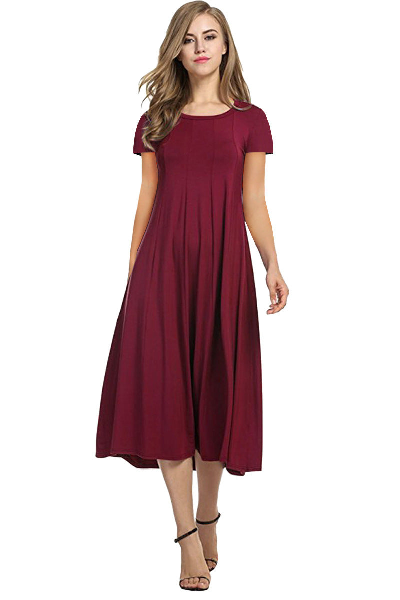 Round Neck Shirt With Half Sleeve Solid Color Wide Hem Dress