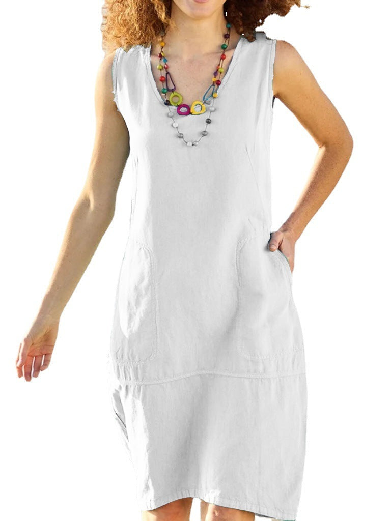 Women's Solid Color Cotton Linen U-collar Sleeveless Pocket Midi Dress