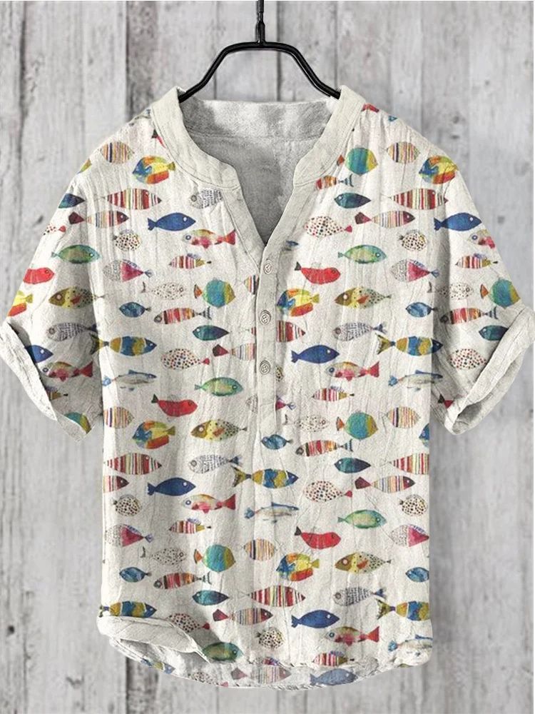 Retro Personalized Printed Casual Short-sleeved Linen Shirt Men's Loose Comfortable Shirt