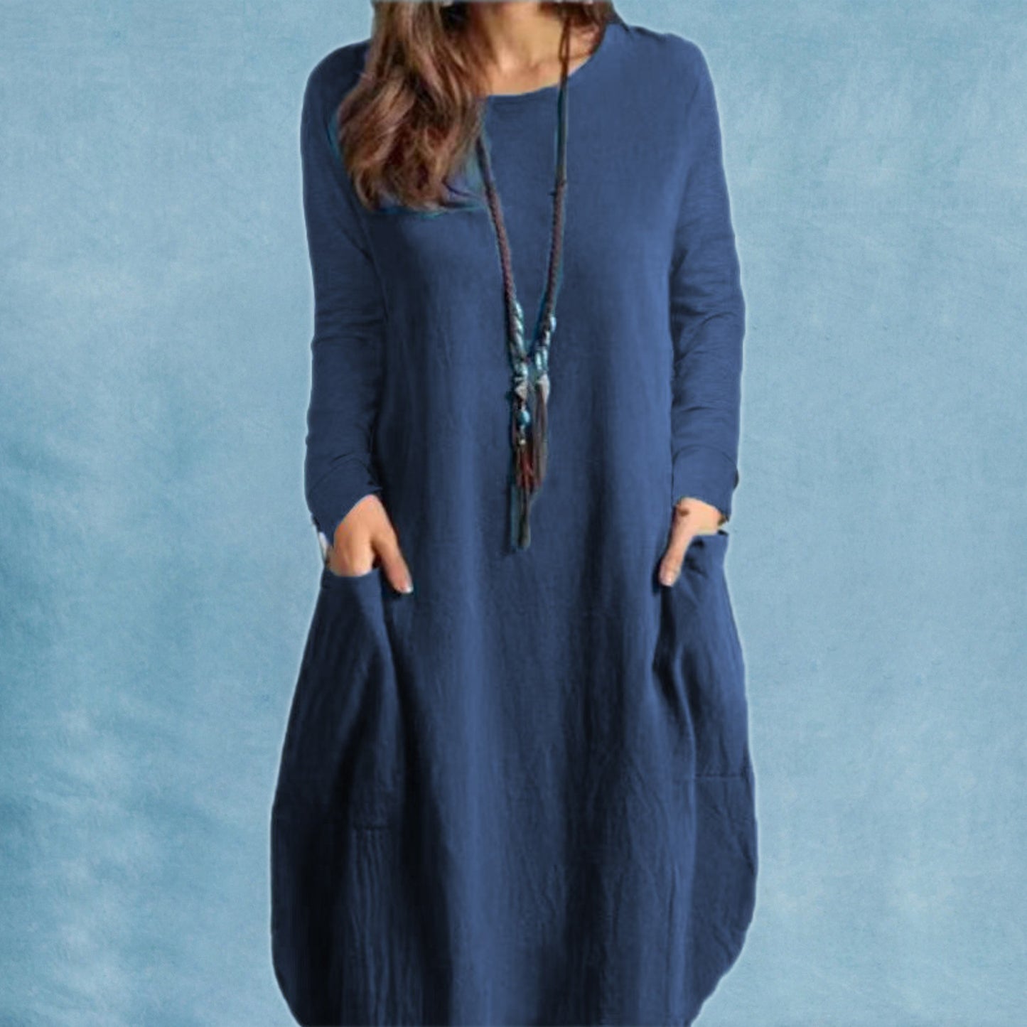 Loose Casual Solid Color Pocket Long Sleeve Dress Women