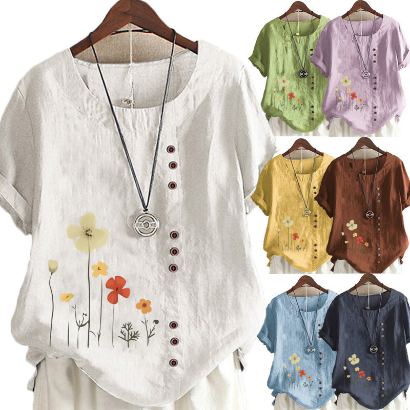 Cotton And Linen Printed Elegant Short Sleeve T-shirt Top Women