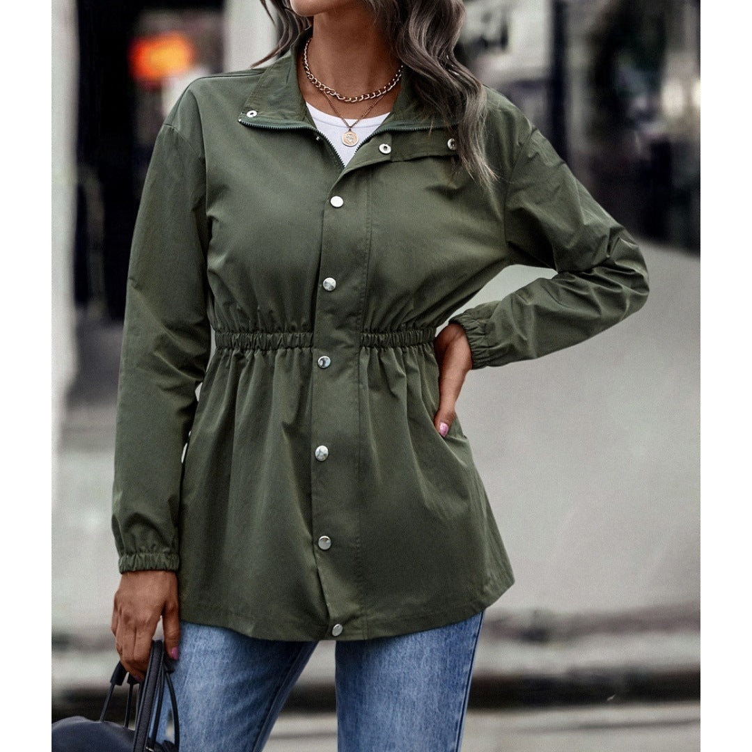 Women's Zippered Casual Mid Length Waist Windproof Jacket