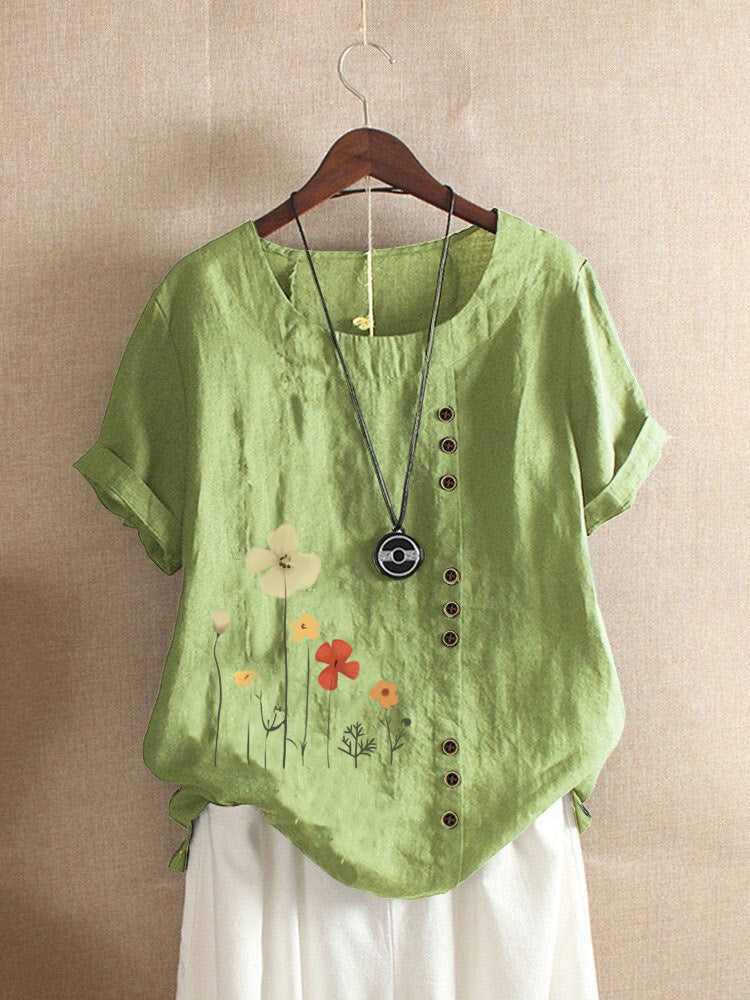 Cotton And Linen Printed Elegant Short Sleeve T-shirt Top Women