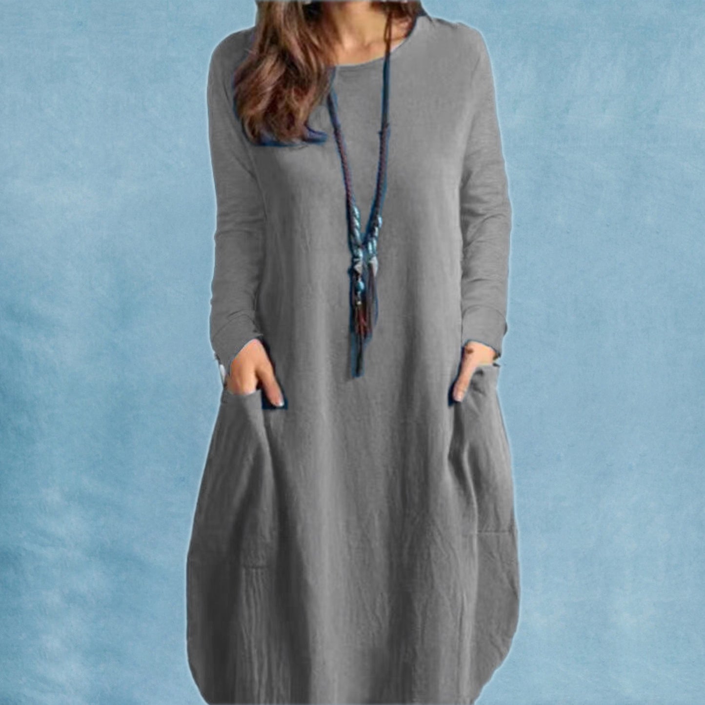 Loose Casual Solid Color Pocket Long Sleeve Dress Women