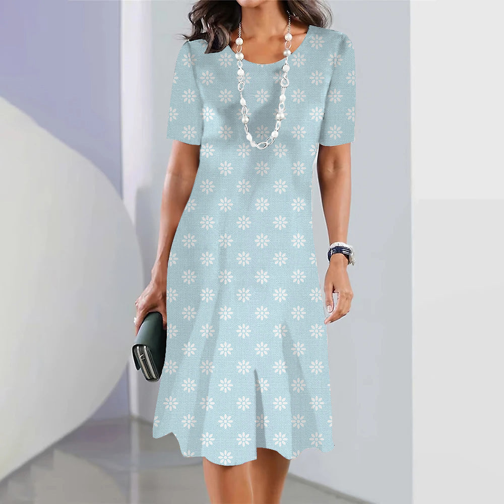 Cute Polka Dot Floral 3D Digital Printed Round Neck Loose Plus Size Short Sleeve Temperament Dress