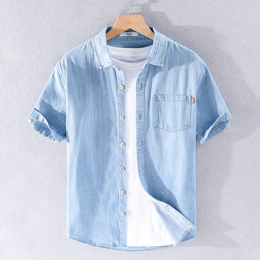 Summer Cotton Short Sleeve Denim Shirt For Men Classic All-matching