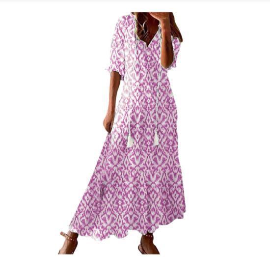 Women's Loose V-neck Bohemian Style Print Dress Mid Waist Long-sleeved Dress