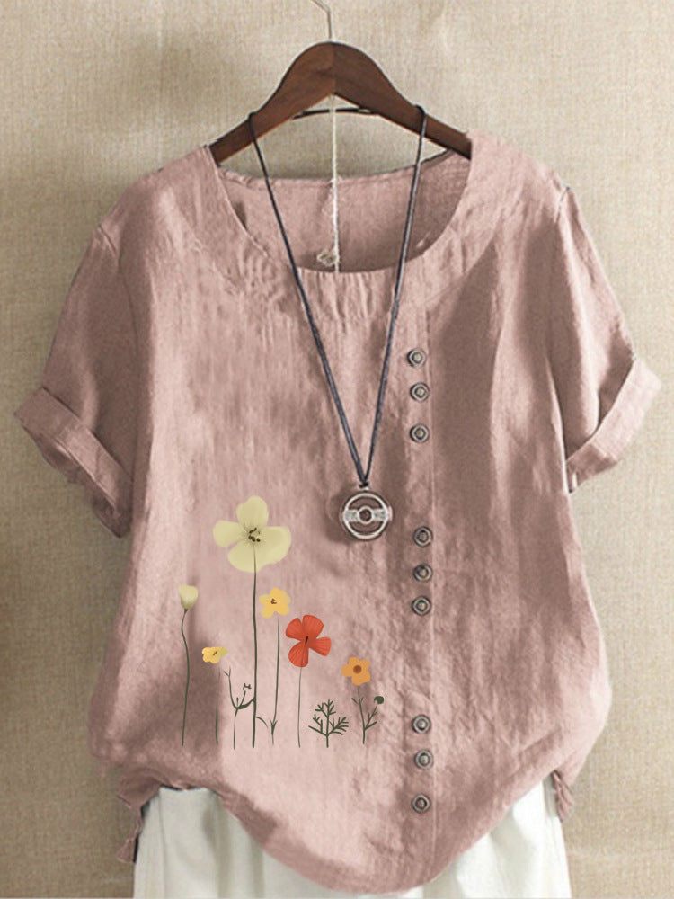 Cotton And Linen Printed Elegant Short Sleeve T-shirt Top Women