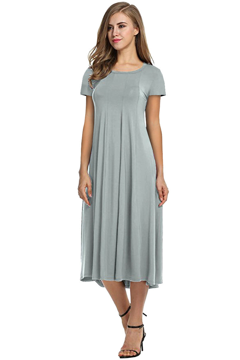 Round Neck Shirt With Half Sleeve Solid Color Wide Hem Dress