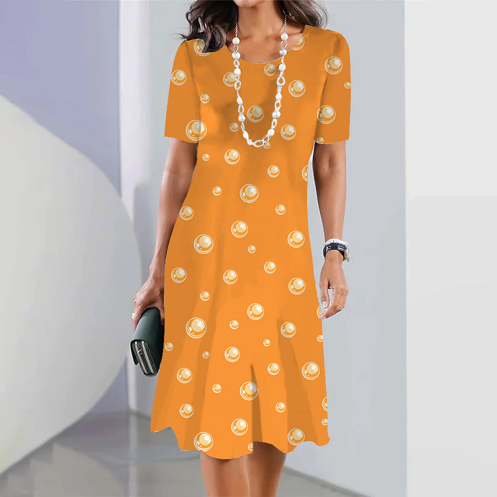 Cute Polka Dot Floral 3D Digital Printed Round Neck Loose Plus Size Short Sleeve Temperament Dress