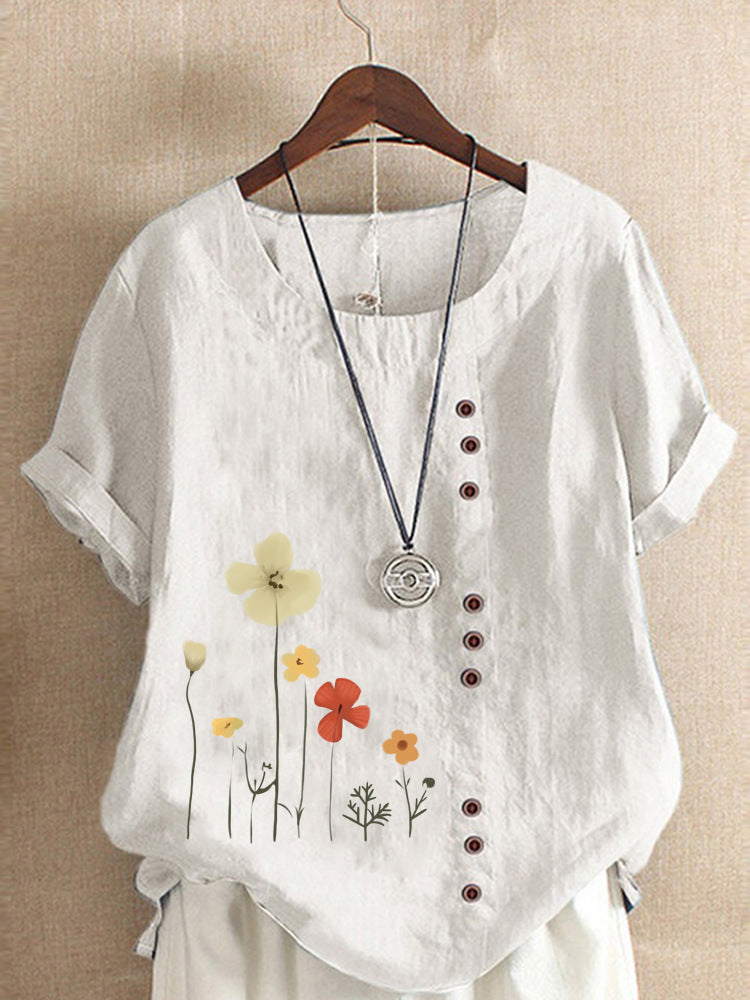 Cotton And Linen Printed Elegant Short Sleeve T-shirt Top Women