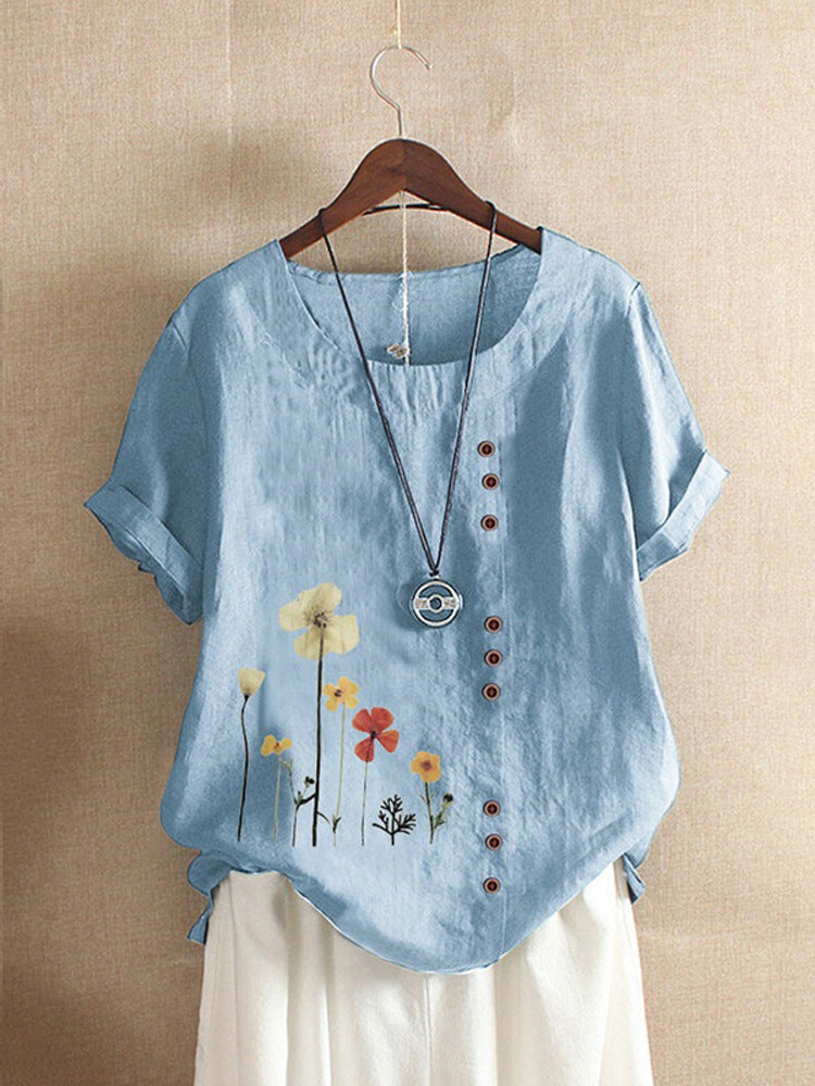 Cotton And Linen Printed Elegant Short Sleeve T-shirt Top Women