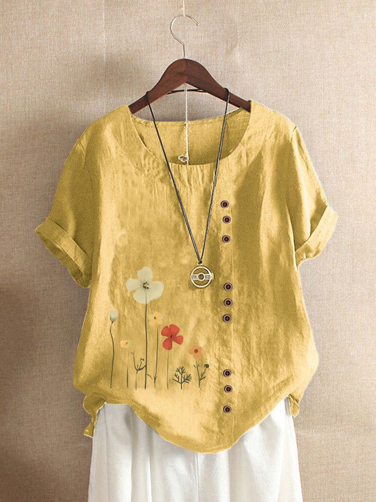 Cotton And Linen Printed Elegant Short Sleeve T-shirt Top Women